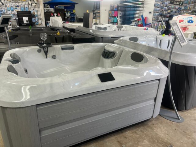 Jacuzzi® Spa Showroom – Ocala Pool Boys Jacuzzi® spa showroom at Ocala Pool Boys in Ocala, Florida, featuring a new shipment of hot tubs
